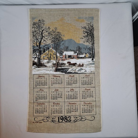 Vintage 1982 Linen Calendar Country Farm in Winter Scene - Picture 1 of 16